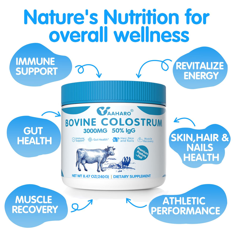 Scoop of YAAHARO Bovine Colostrum Powder ready to mix for easy daily use in beverages.