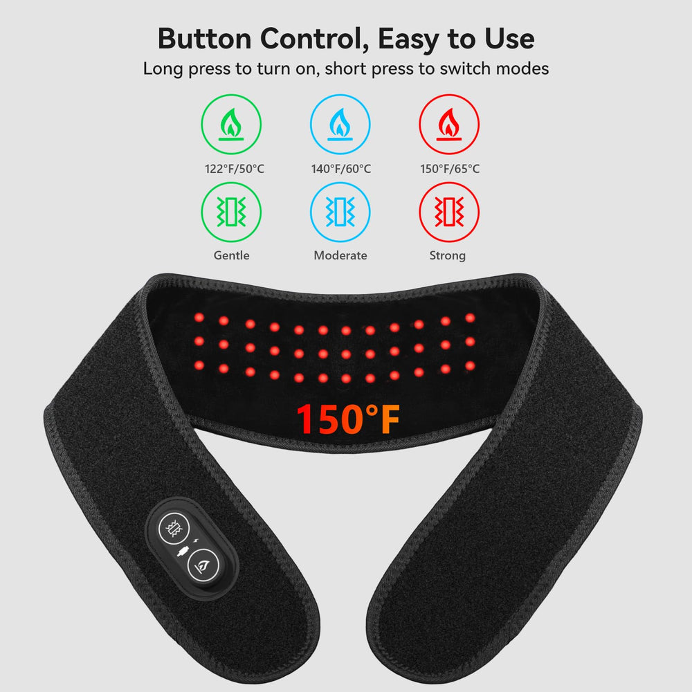Yabuu neck pad thermostat display shows three heat levels and three massage modes