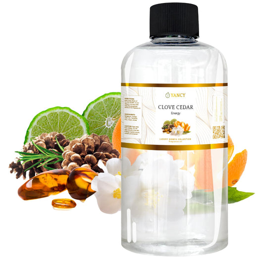 YANCY Clove Cedar fragrance oil bottle for diffusers delivering earthy, cozy aroma.