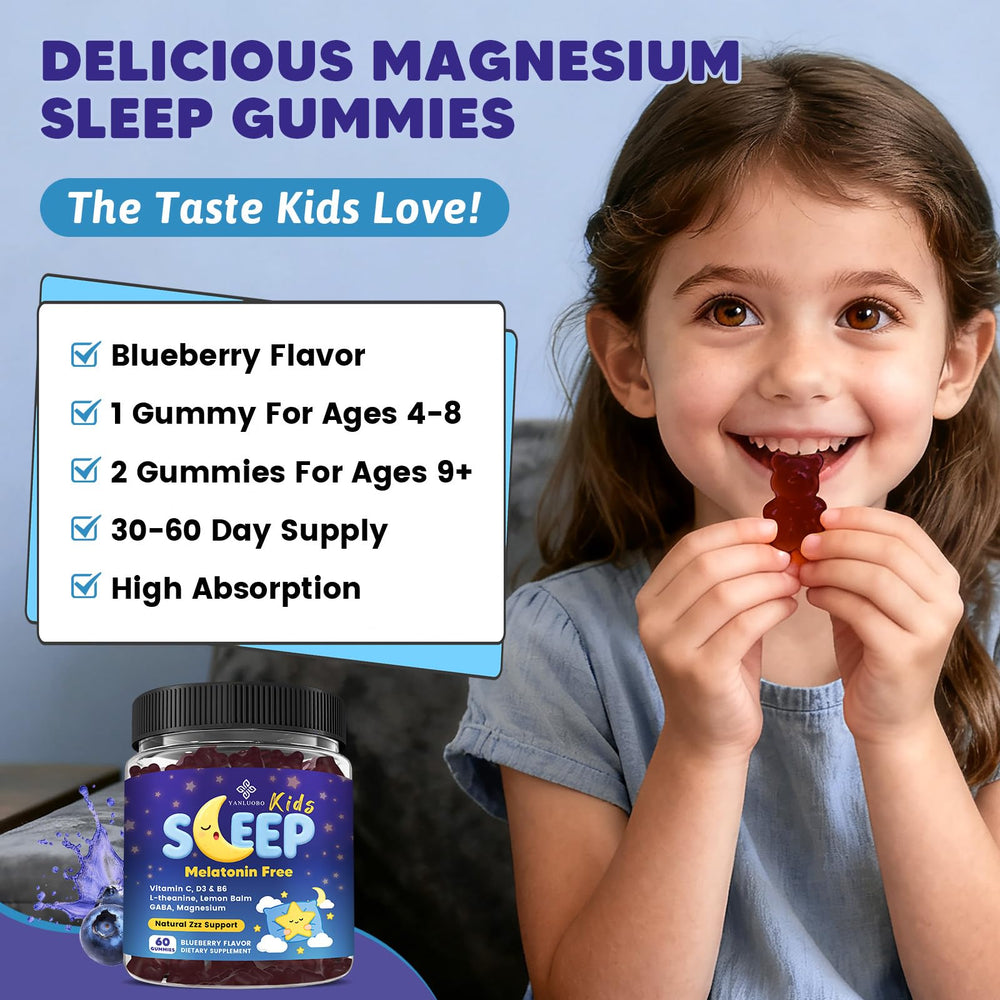 YANLUOBO Kids Sleep Gummies ingredients panel highlighting magnesium and herbal blend