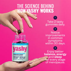 Yashy Gummies packaging back view with ingredients overview for informed choices.