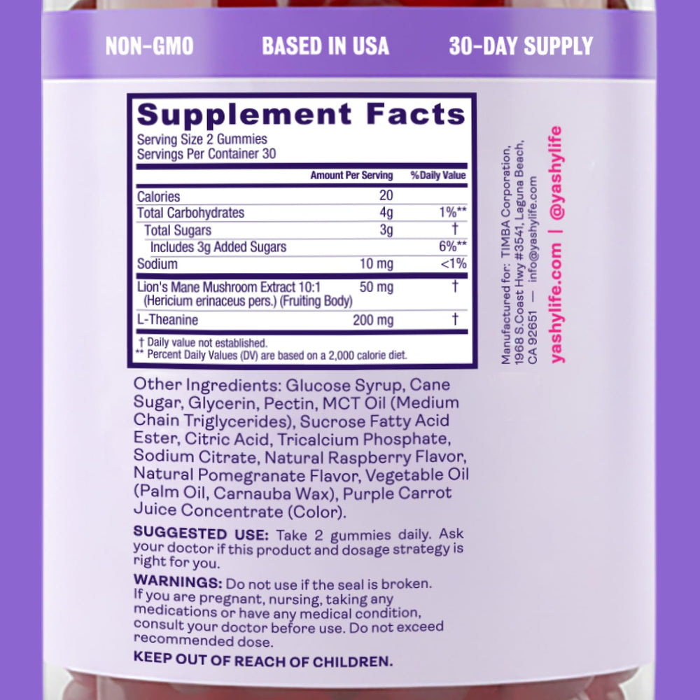 Yashy Memory Support Gummies featuring L-Theanine for calm focus.