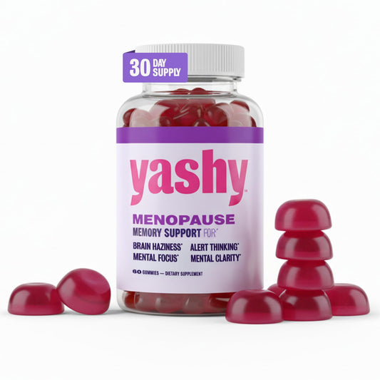 Yashy Menopause Memory Support Gummies bottle showcasing raspberry-pomegranate flavor for daily focus.