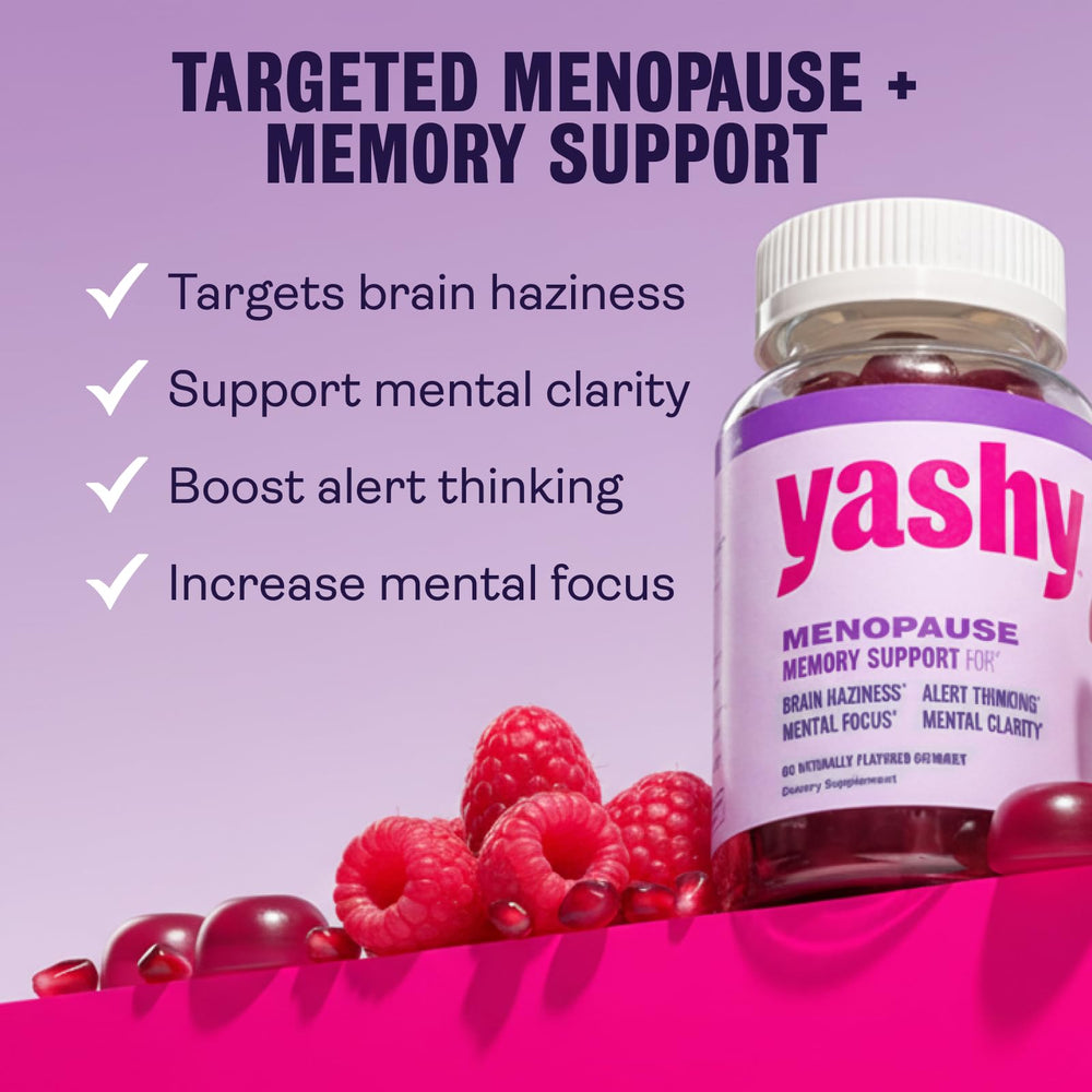 Close-up of Yashy Memory Support Gummies highlighting raspberry-pomegranate flavor for daily use.