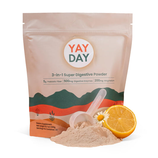 YayDay nighttime powder bottle with citrus flavor signaling overnight digestive support.