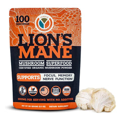 Yemaya Organic Lion's Mane powder jar on a kitchen shelf supports daily focus.