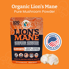 Yemaya Lion's Mane tin label close-up emphasizes organic quality.