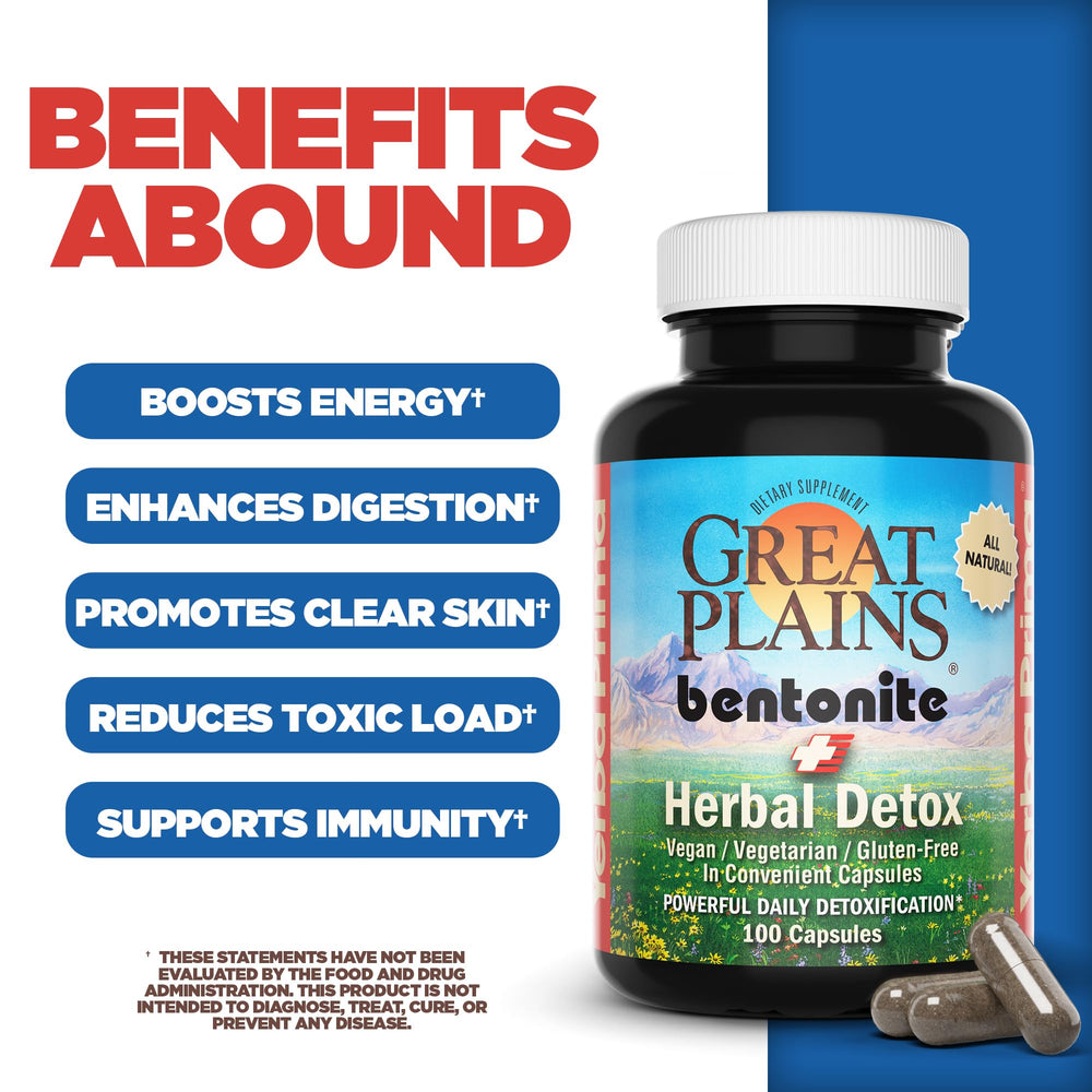 Close-up of bentonite clay capsules highlighting easy-to-swallow detox.