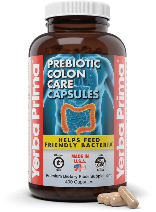 Yerba Prima Colon Care 400 caps bottle shows a value-size package for daily fiber routine.