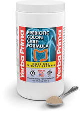 Yerba Prima FOS prebiotic growth complex scoop highlights fiber nourishment for gut flora.