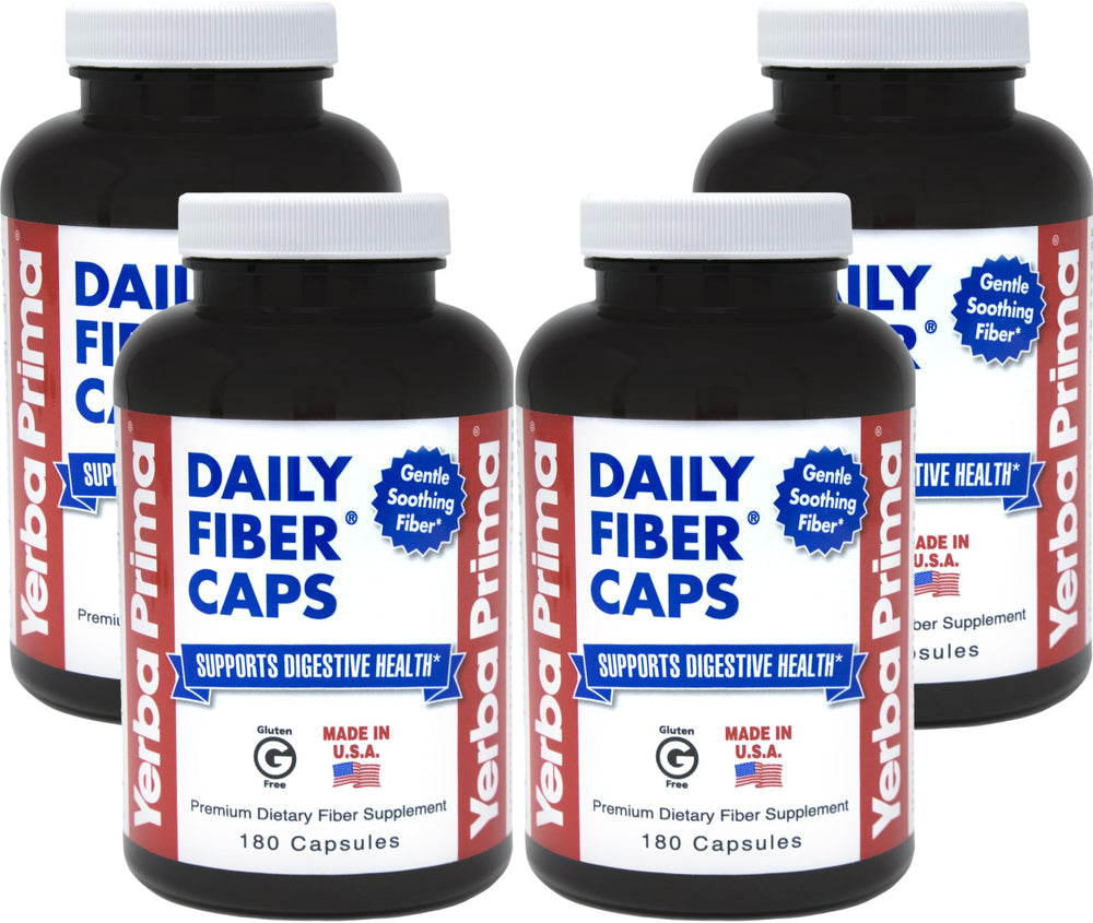 Yerba Prima Daily Fiber Caps bottle on kitchen counter for daily fiber support
