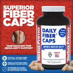 Yerba Prima Daily Fiber Formula capsules being poured for on-the-go digestive support