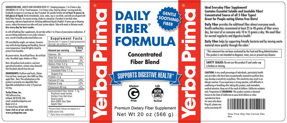 Yerba Prima Daily Fiber Formula ingredients label close-up highlighting its fiber types.