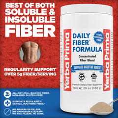 Yerba Prima Daily Fiber Formula powder poured into juice to show flexible consumption.