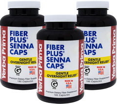 Yerba Prima Fiber Plus Senna capsules bottle front promoting gentle overnight regularity