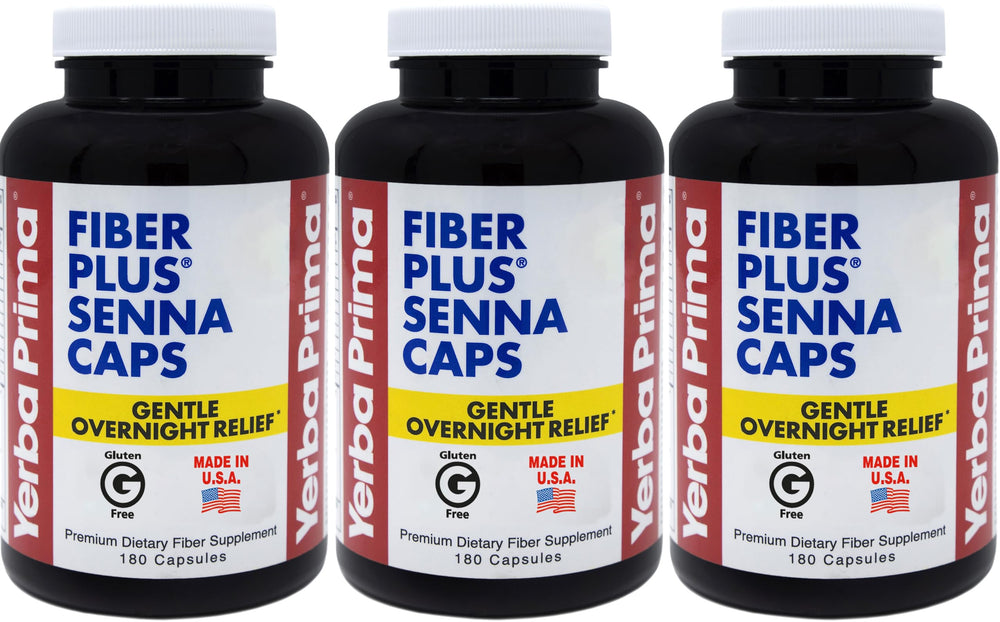 Yerba Prima Fiber Plus Senna capsules front view for convenient overnight relief.