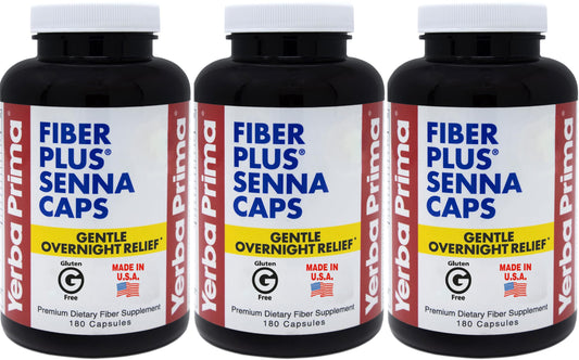 Yerba Prima Fiber Plus Senna capsules front view for convenient overnight relief.