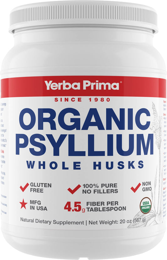 Yerba Prima Organic Psyllium Whole Husk bottle pour for easy daily fiber support