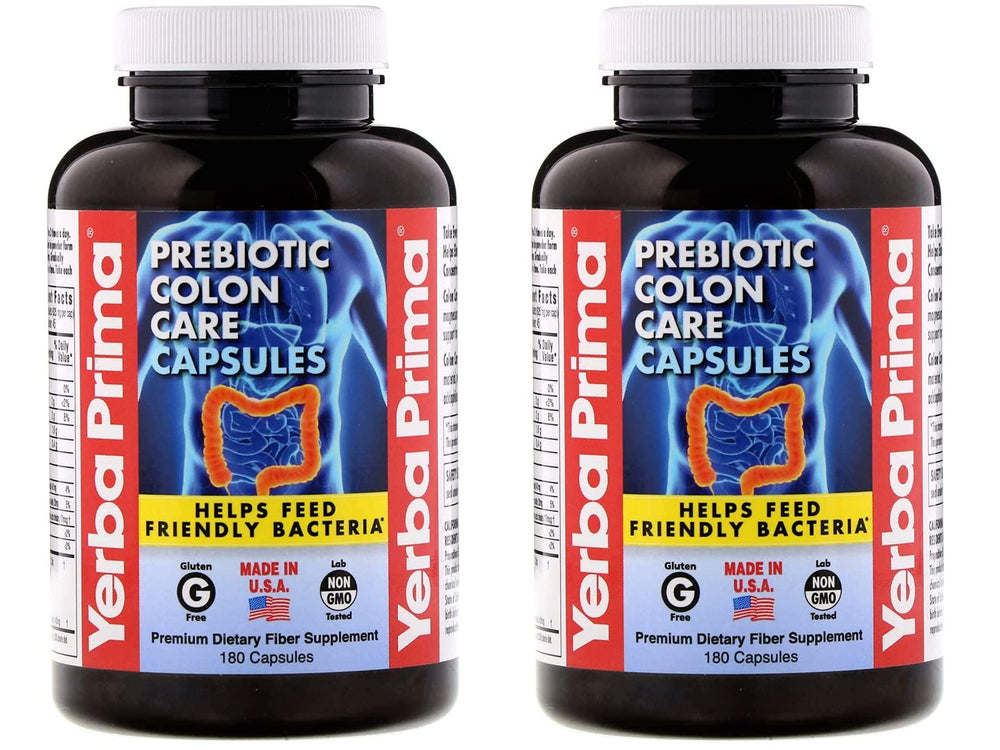 Yerba Prima prebiotic colon care capsules bottle, highlighting fiber and FOS benefits
