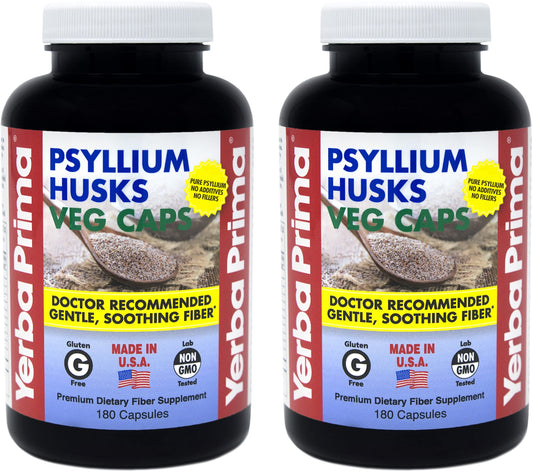 Yerba Prima Psyllium Husk Capsules bottle front – vegan fiber support for daily gut health.