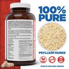 Close-up of Yerba Prima Psyllium Husk Capsules showing 625 mg per cap