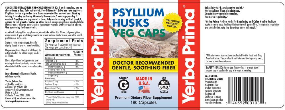 Yerba Prima Psyllium Husk Capsules daily use – gentle colon support.