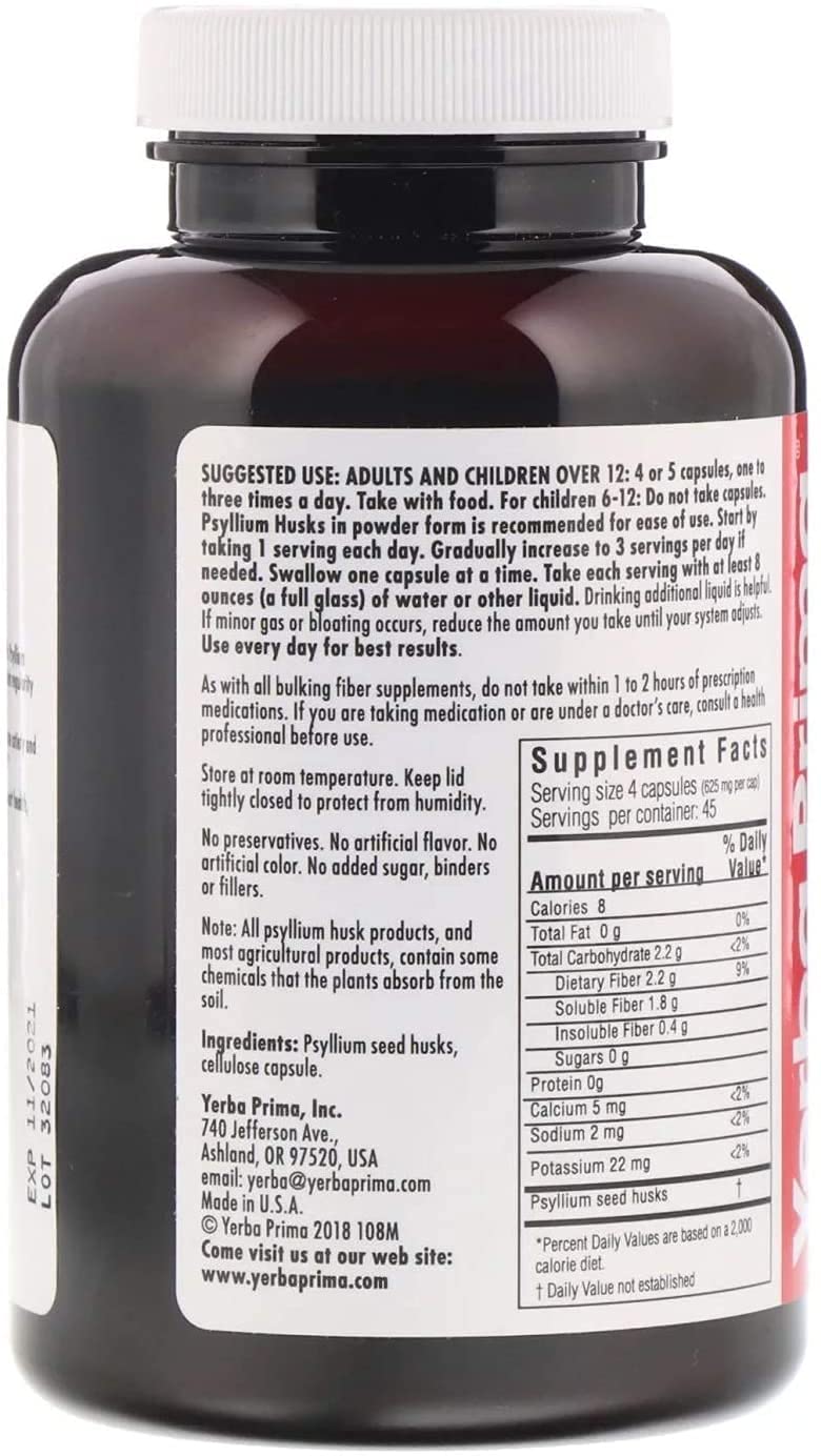 Yerba Prima Psyllium Husk Capsules label – trusted fiber brand.