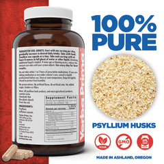 Closeup of Yerba Prima psyllium husk capsules emphasizing bulk fiber