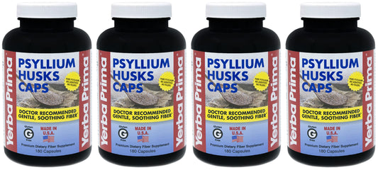 Yerba Prima Psyllium Husks Caps bottle front supports daily regularity with natural fiber.
