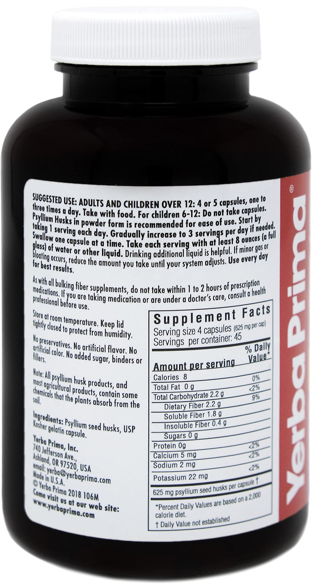 Yerba Prima Psyllium Husks Caps bottle view highlighting USA-made quality