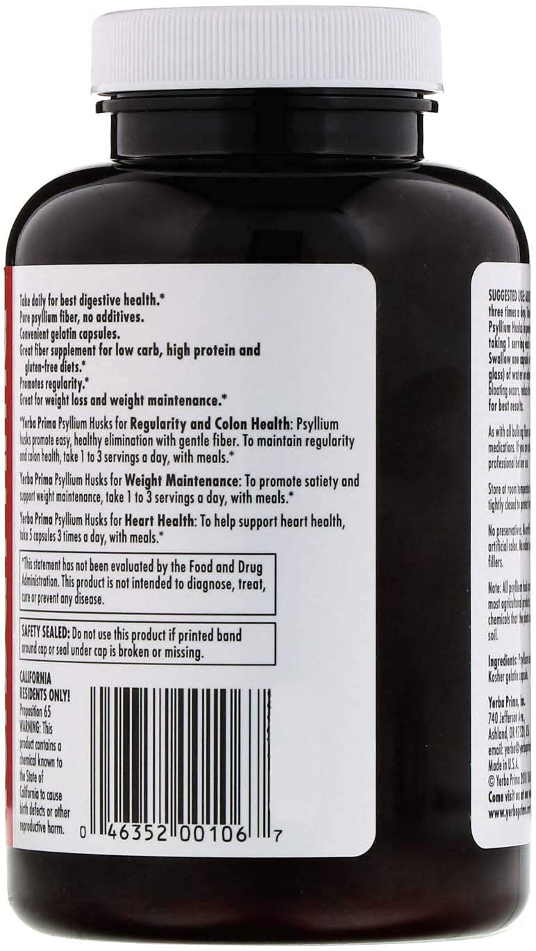 Gluten-free badge on Yerba Prima Psyllium Husks Caps bottle.