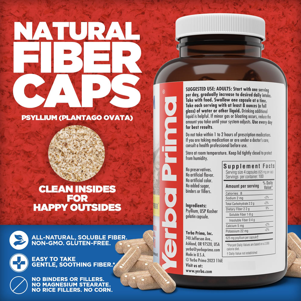 Capsules beside a glass of water, Yerba Prima psyllium husks caps in daily use