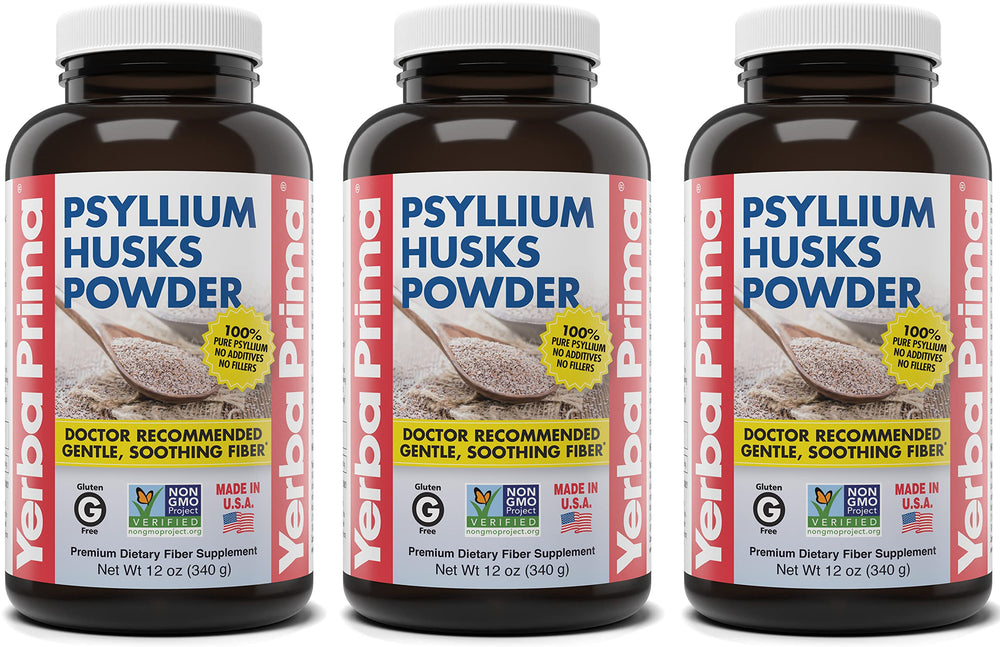 Yerba Prima psyllium husks powder bottles shown as a fiber supplement for daily regularity.