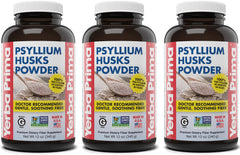 Yerba Prima psyllium husks powder bottles shown as a fiber supplement for daily regularity.