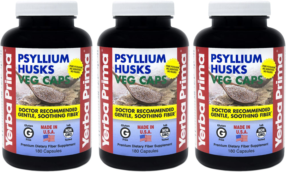 Yerba Prima Psyllium Husks Veg Caps bottle on kitchen counter for daily fiber support.