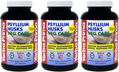 Yerba Prima Psyllium Husks Veg Caps bottle on kitchen counter for daily fiber support.