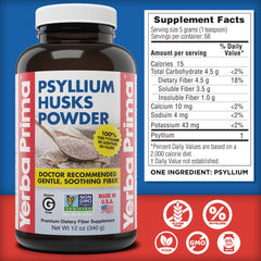 Yerba Prima psyllium powder being poured to show easy daily supplementation.
