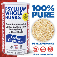 Yerba Prima Psyllium Whole Husks bottle back label with directions for fiber supplementation.