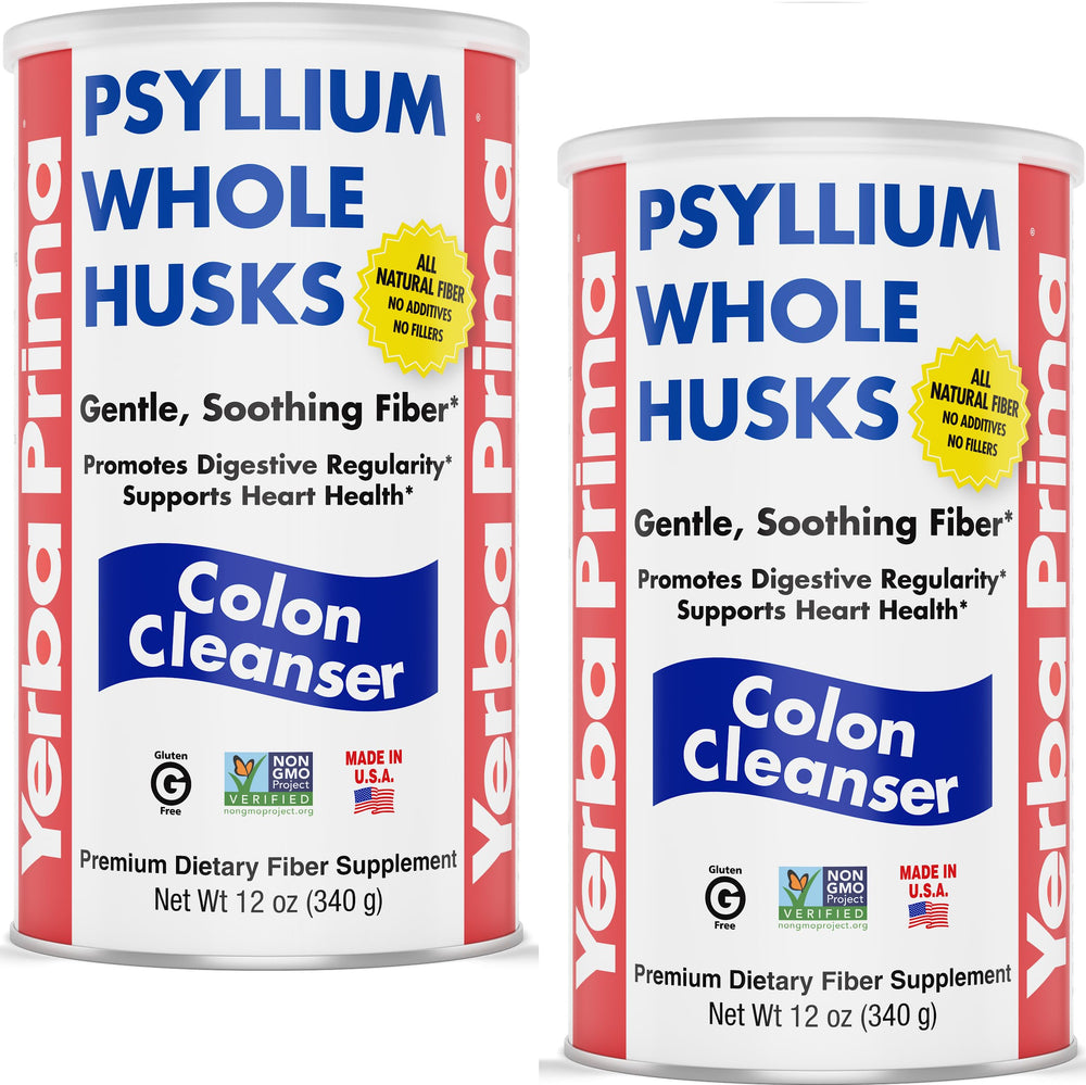 Yerba Prima Psyllium Whole Husks bottle front, gluten-free non-GMO fiber option for daily regularity.