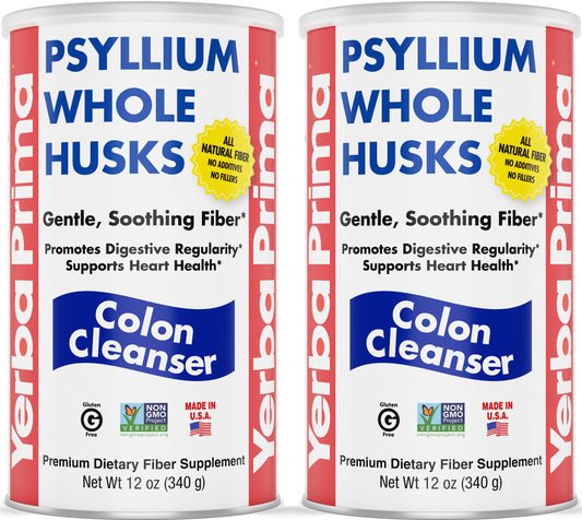 Yerba Prima Psyllium Whole Husks two-pack on shelf for gentle regularity.