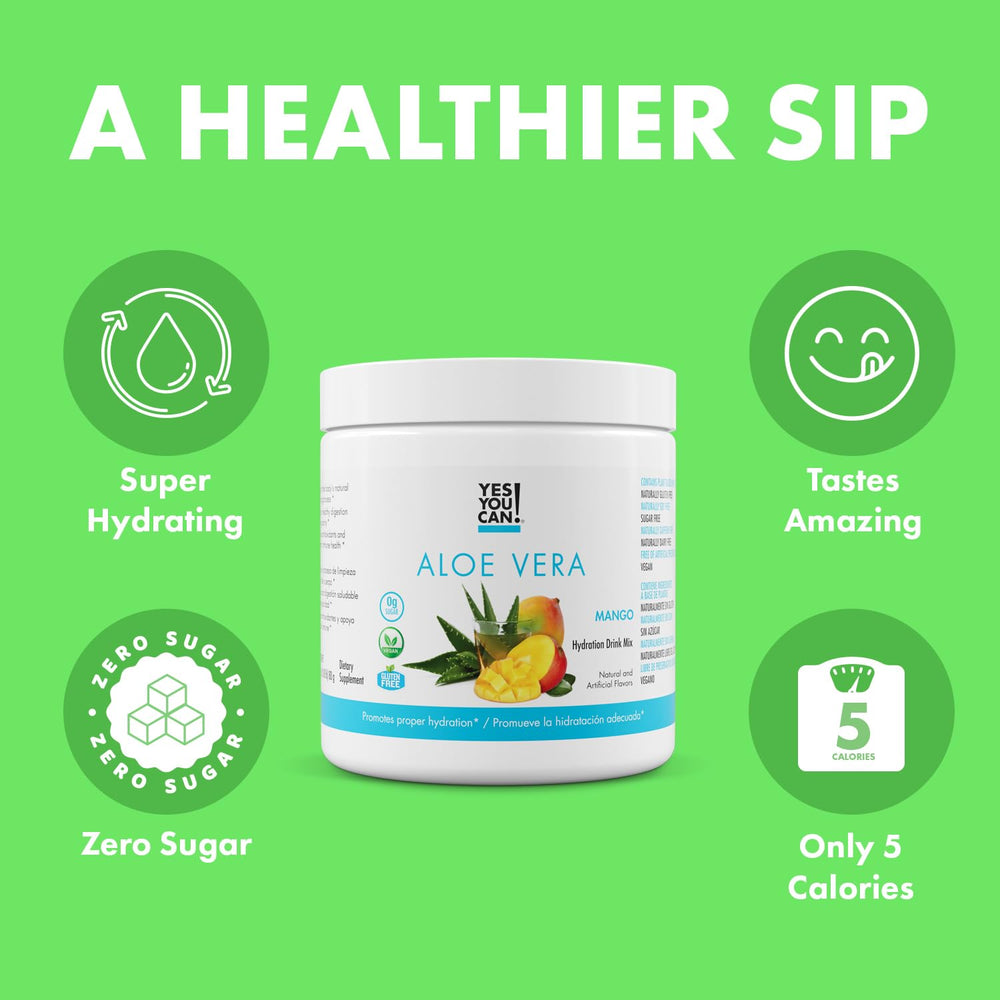 Yes You Can Aloe Vera Mango mix in a glass with ice for a refreshing hydration.