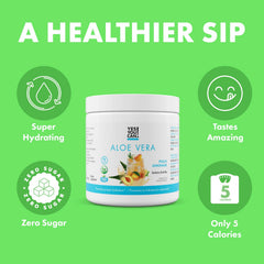 Yes You Can! Aloe Vera Powder Drink Mix canister front showing organic ingredients and flavor appeal