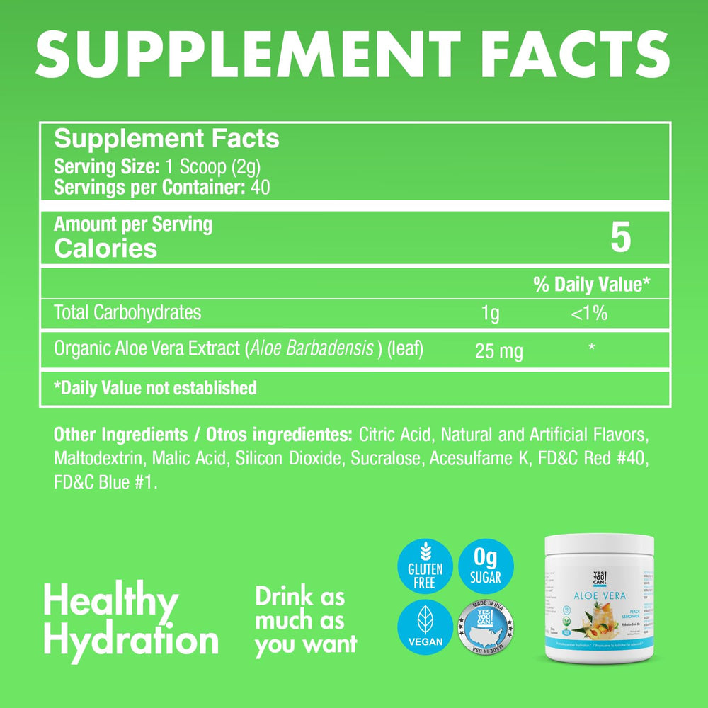 Yes You Can! Aloe Vera Powder Drink Mix measuring spoon ready to mix a low-calorie refreshment