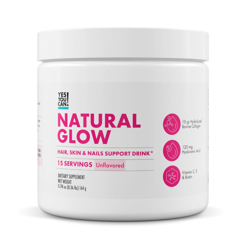 Yes You Can! Natural Glow bottle showing hydrolyzed collagen blend for daily beauty support.