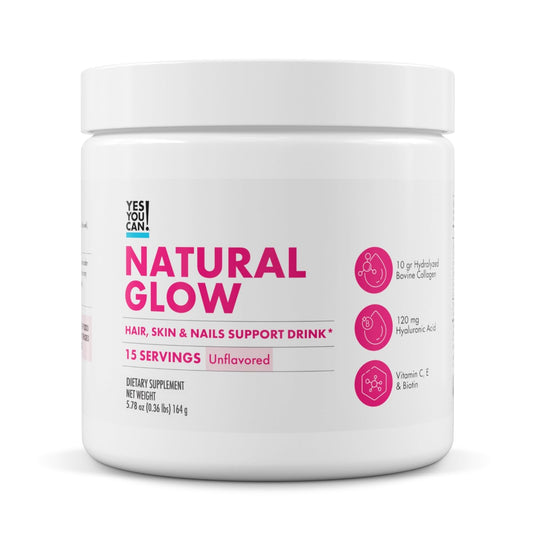 Yes You Can! Natural Glow bottle showing hydrolyzed collagen blend for daily beauty support.