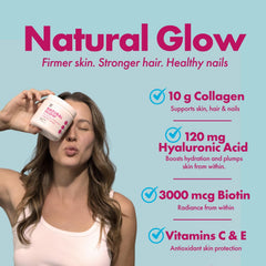 Yes You Can! Natural Glow scoop beside unflavored powder for easy daily use.