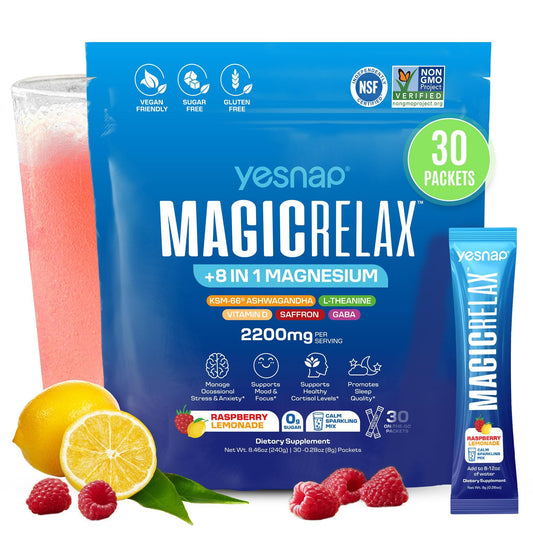 Yesnap MAGICRELAX raspberry lemonade bottle promotes calm daily rituals.