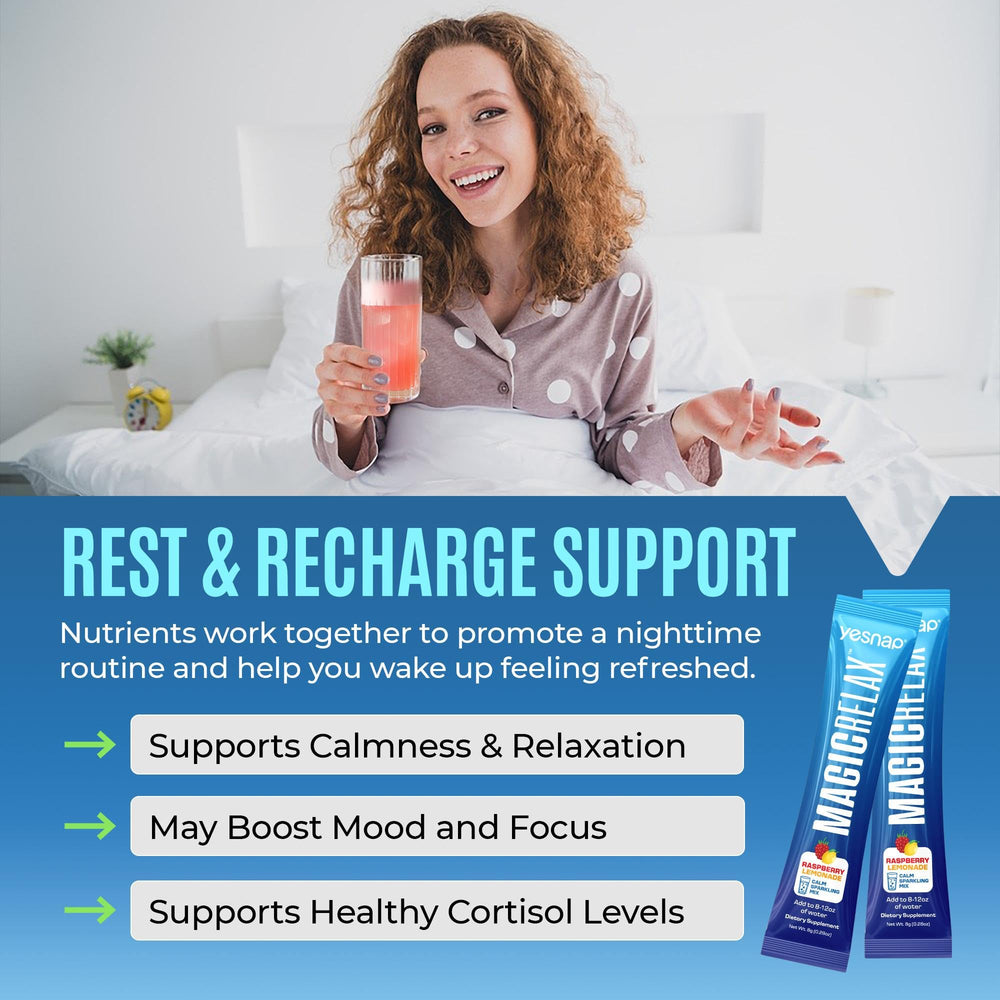 Yesnap MAGICRELAX packaging emphasizes no sugar and non-GMO ingredients.
