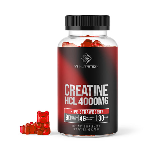 Yi Nutrition Creatine HCL Gummy strawberry bottle ready for pre-workout use