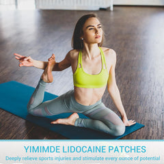 Close view of yimimde patches covering back, neck, and knee areas.